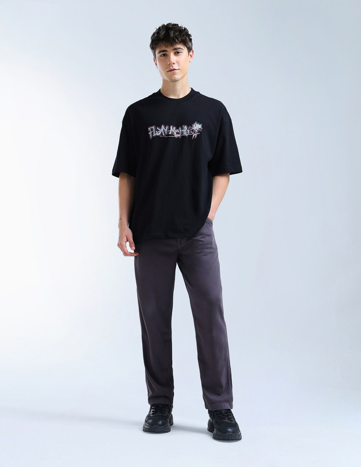 Image of FLYING MACHINE Men Graphic Print Round Neck Pure Cotton Black T-Shirt