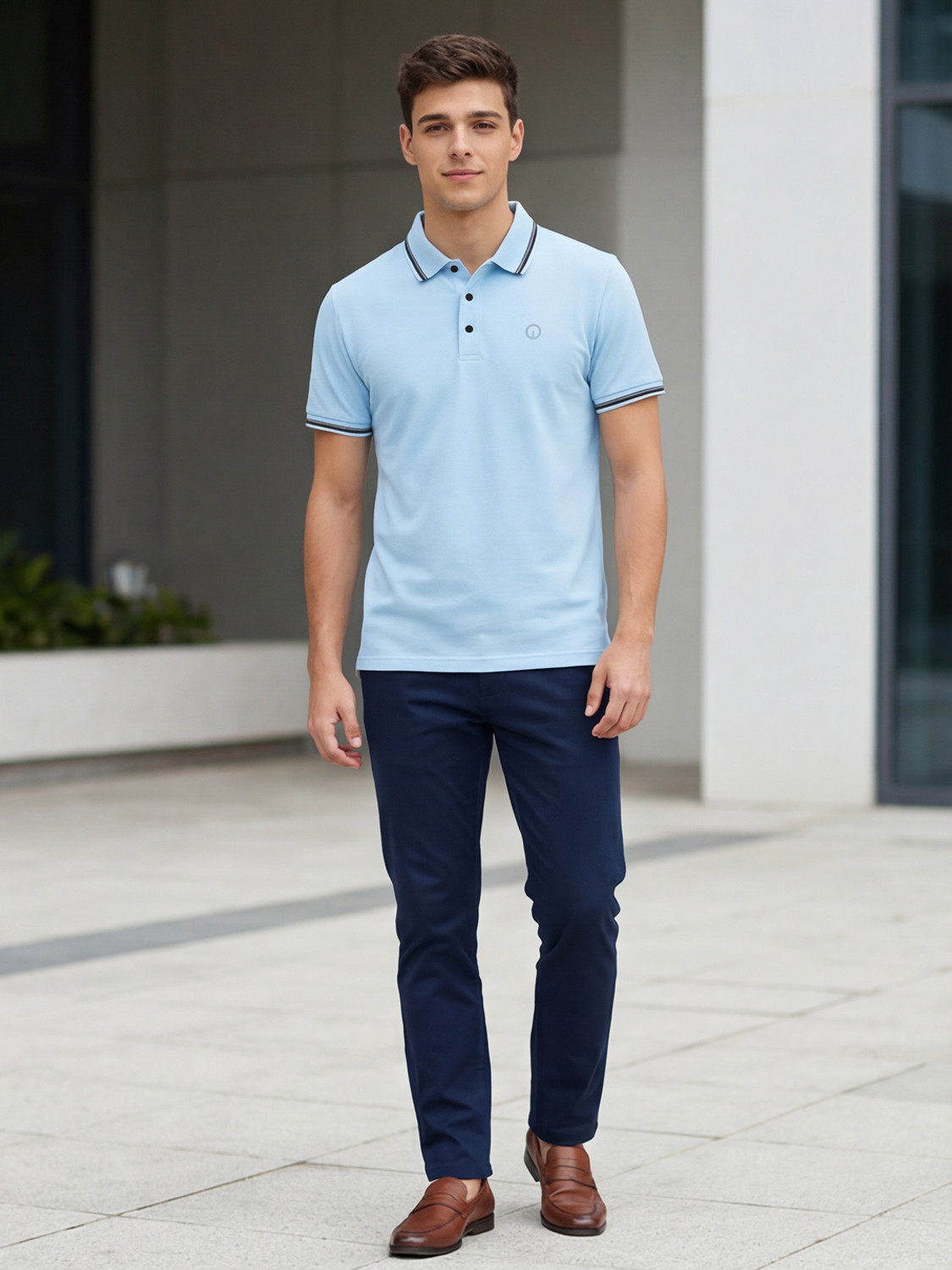 Image of INTEGRITI Solid Men Polo Neck Light Blue T-Shirt