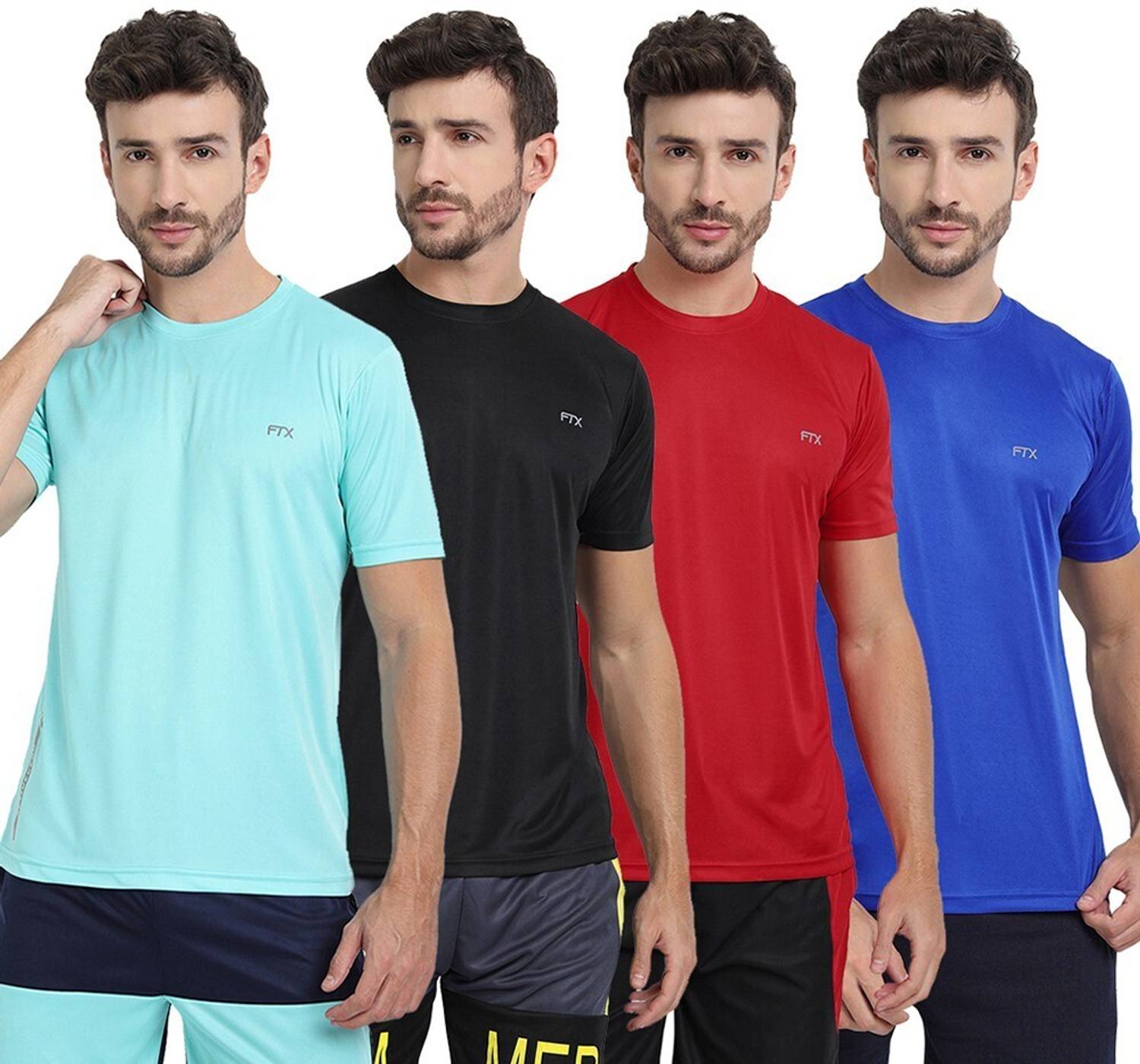 FTX Pack of 4 Men Solid Round Neck Polyester Multicolor T-Shirt
