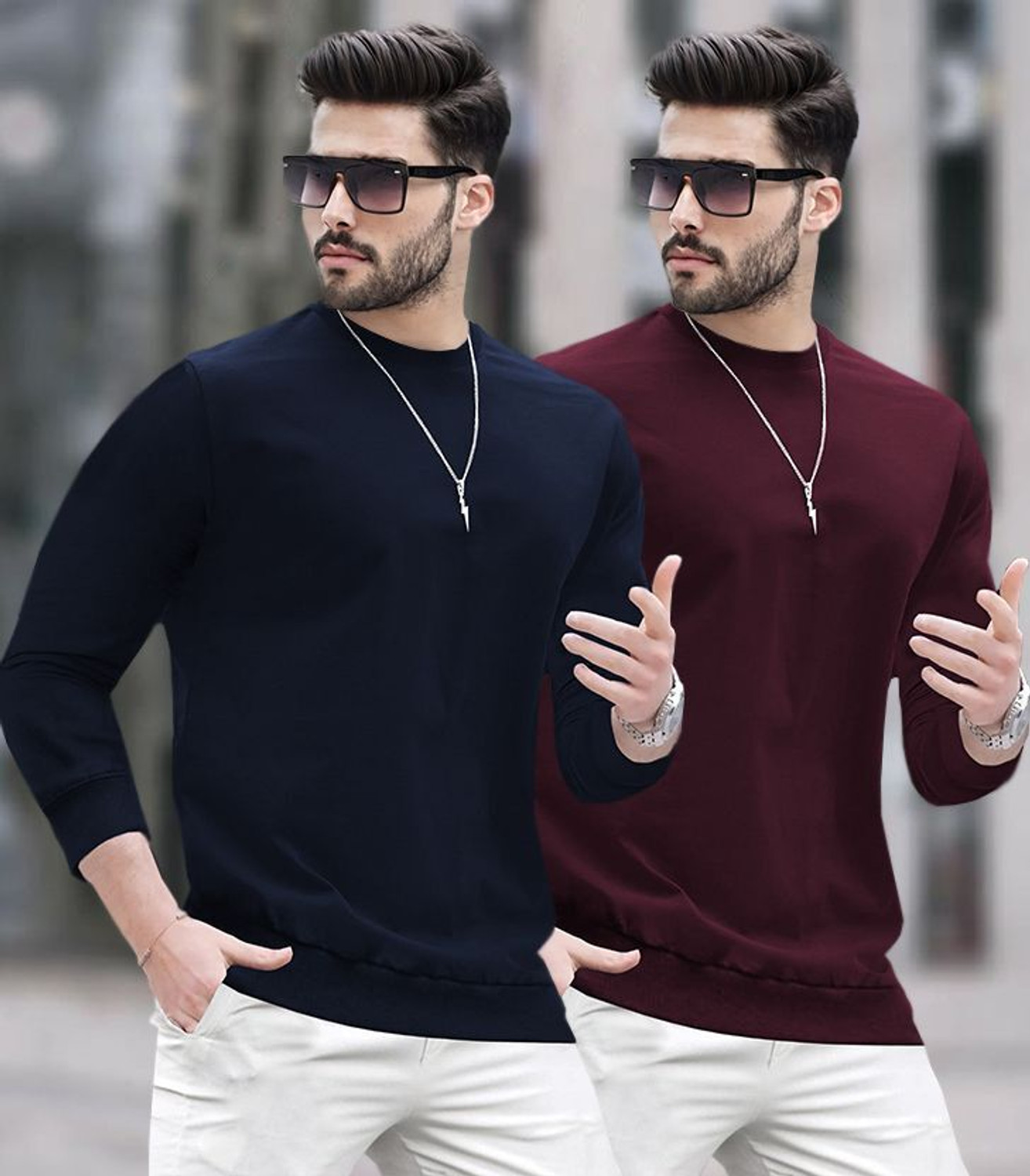 Image of BLIVE Solid Men Round Neck Navy Blue, Maroon T-Shirt