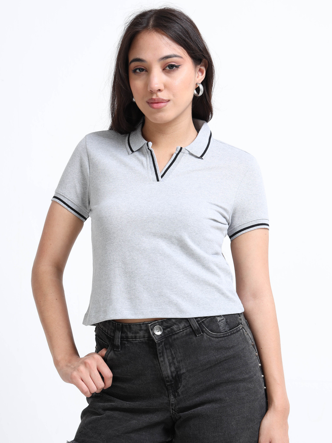 Image of Glitchez Solid Women Polo Neck Grey T-Shirt
