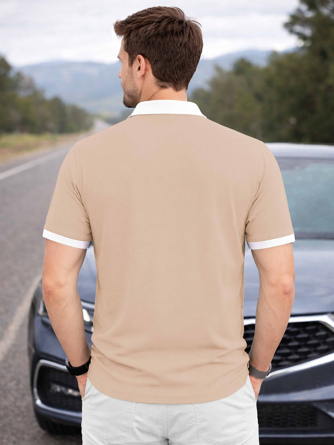 Image of VeBNoR Printed Men Polo Neck Beige T-Shirt