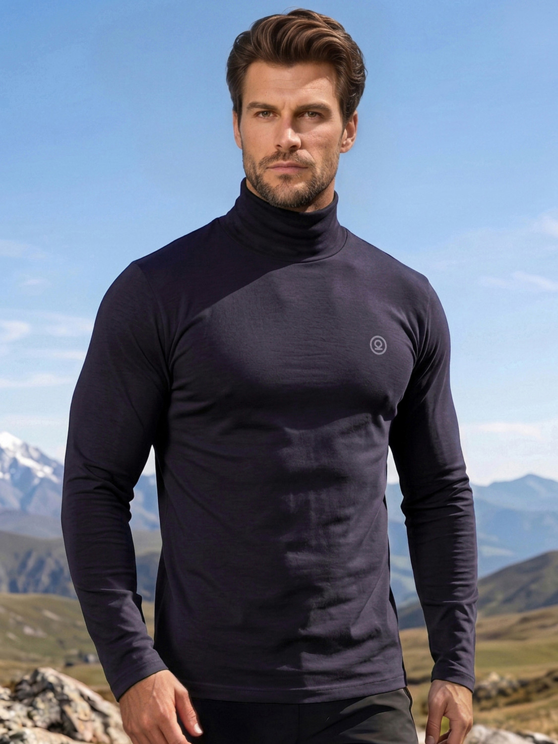 Image of CHKOKKO Solid Men High Neck Blue T-Shirt