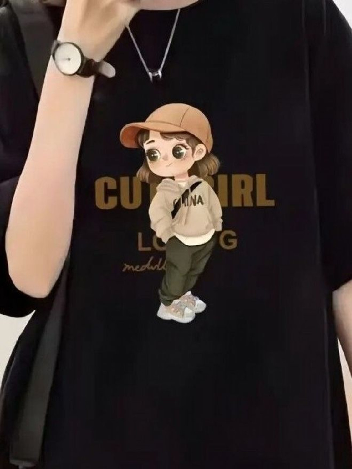 Image of MapelFashion Cartoon Women Round Neck Black T-Shirt