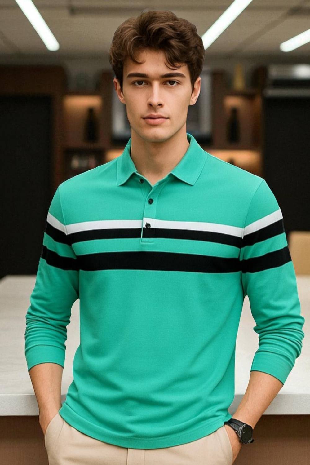 FAOES Solid Men Polo Neck Green T-Shirt