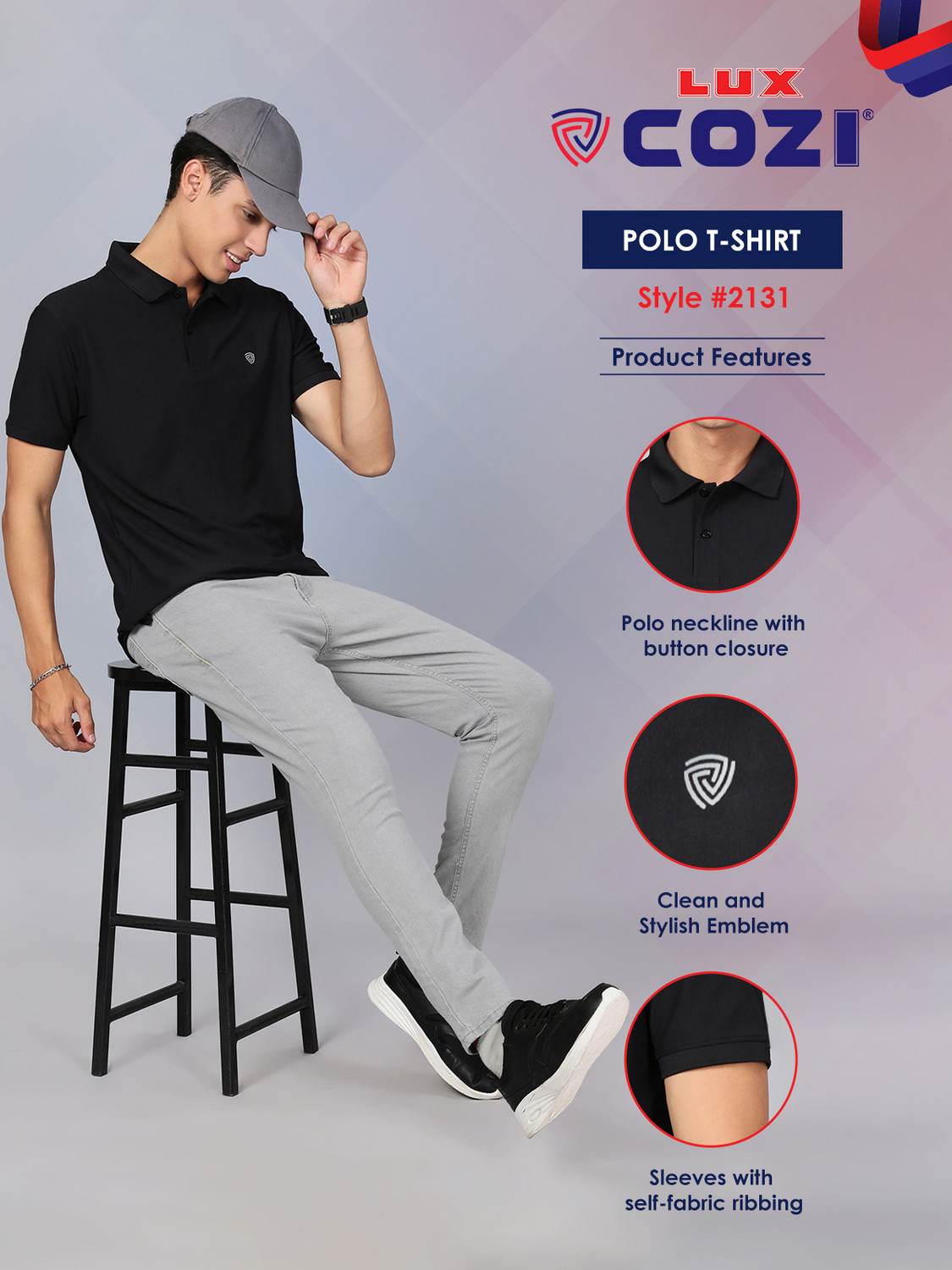 Image of LUX cozi Solid Men Polo Neck Black, Dark Blue T-Shirt