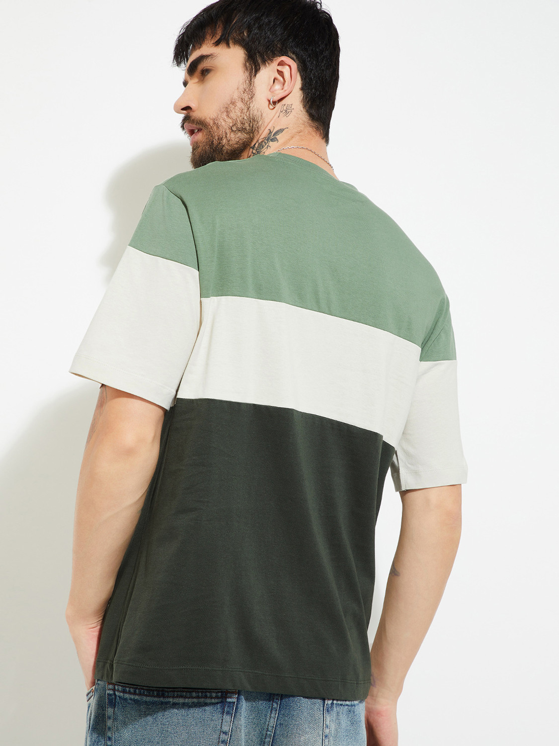 Image of MAX Colorblock Men Round Neck Green T-Shirt