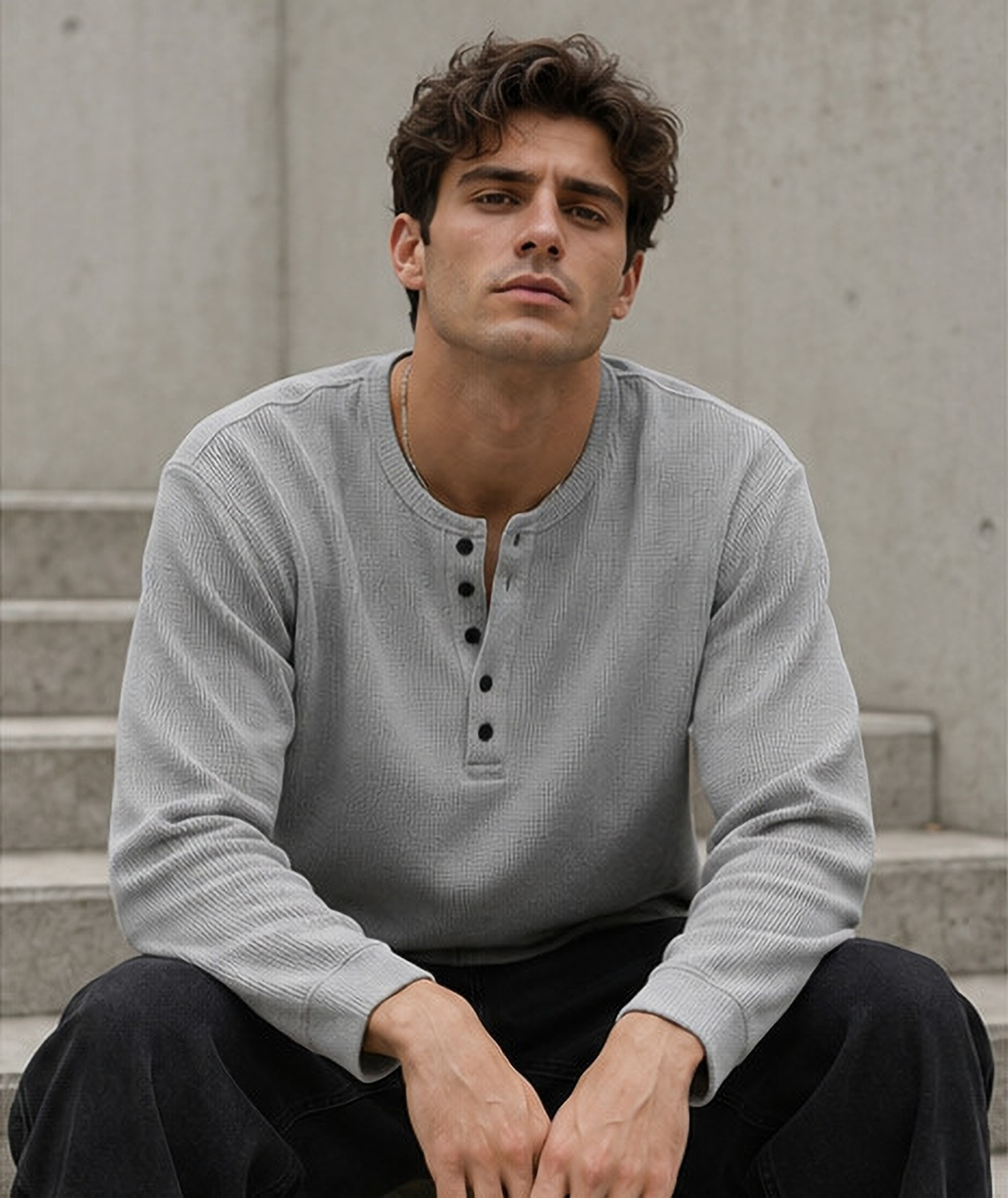 Image of NOOK Self Design Men Henley Neck Grey T-Shirt