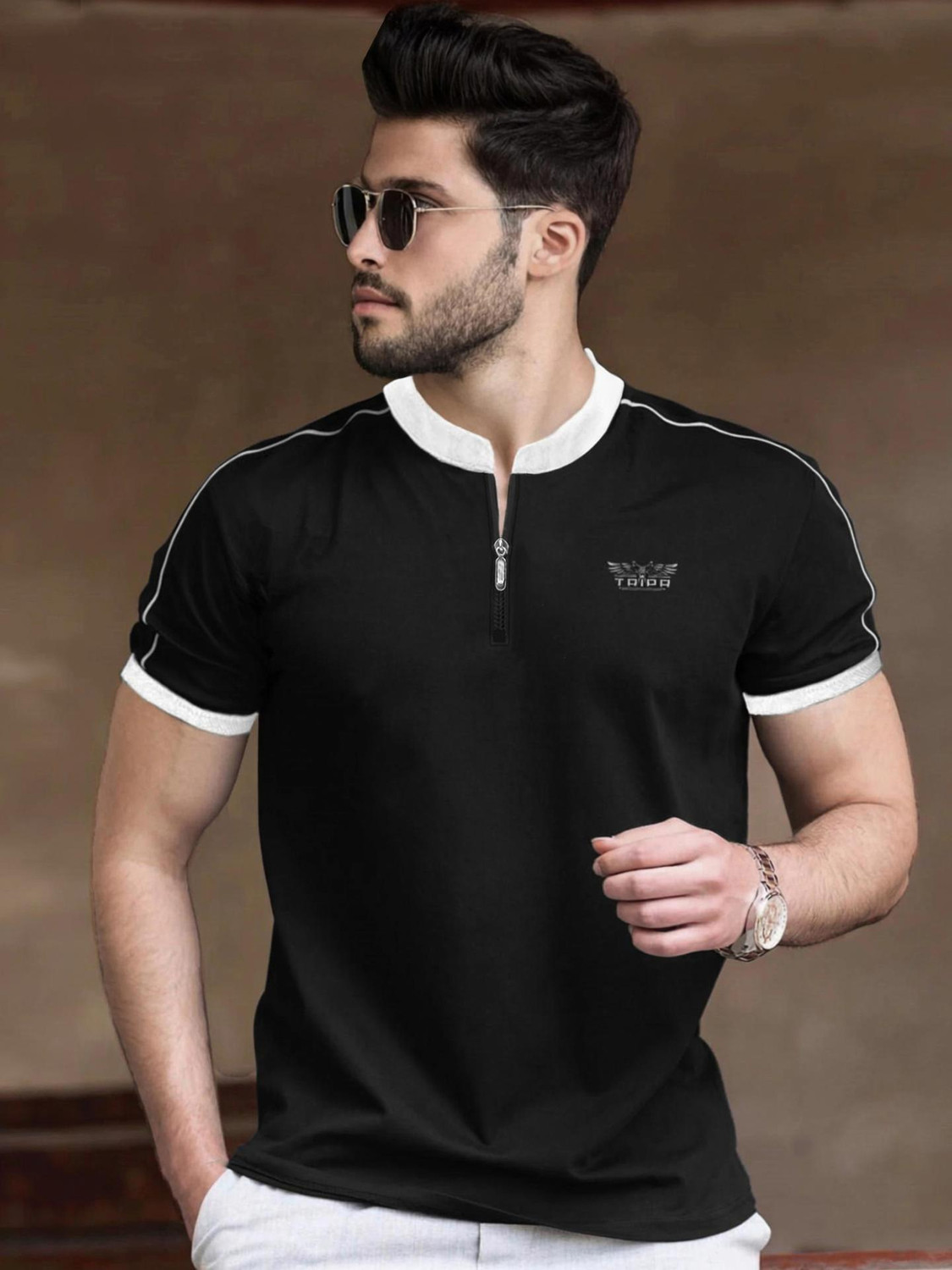 Image of TRIPR Solid Men Mandarin Collar Black, White T-Shirt