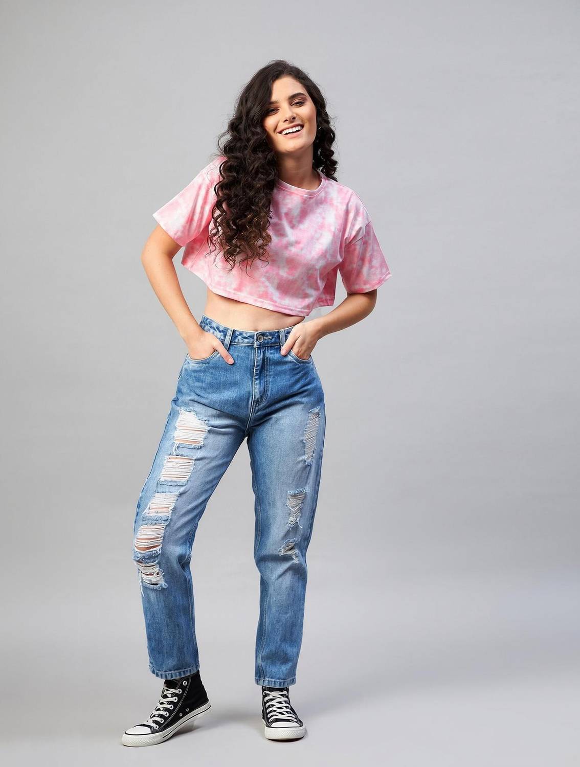 Chimpaaanzee Tie & Dye Women Round Neck Pink T-Shirt