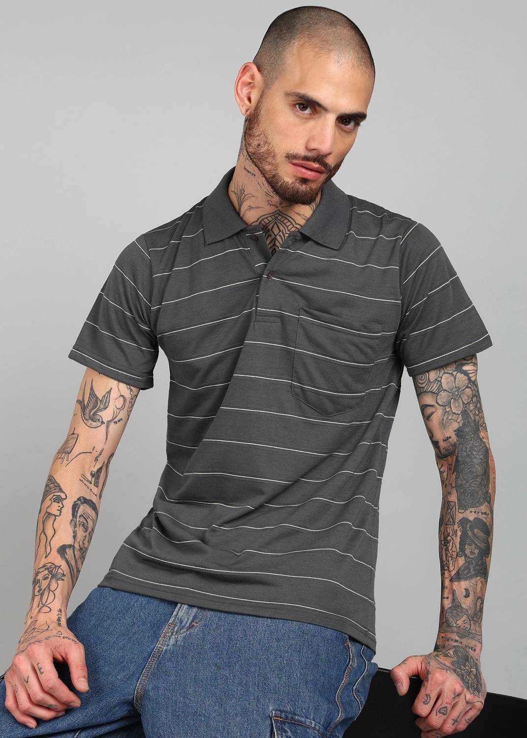 INKKR Men Striped Polo Neck Cotton Blend Multicolor T-Shirt