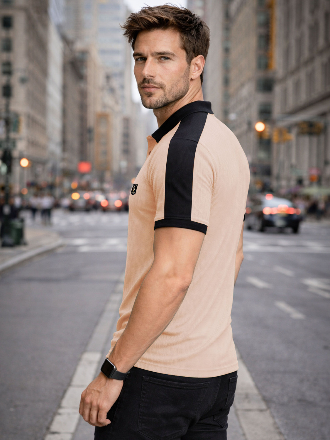 Image of VeBNoR Colorblock Men Polo Neck Beige T-Shirt