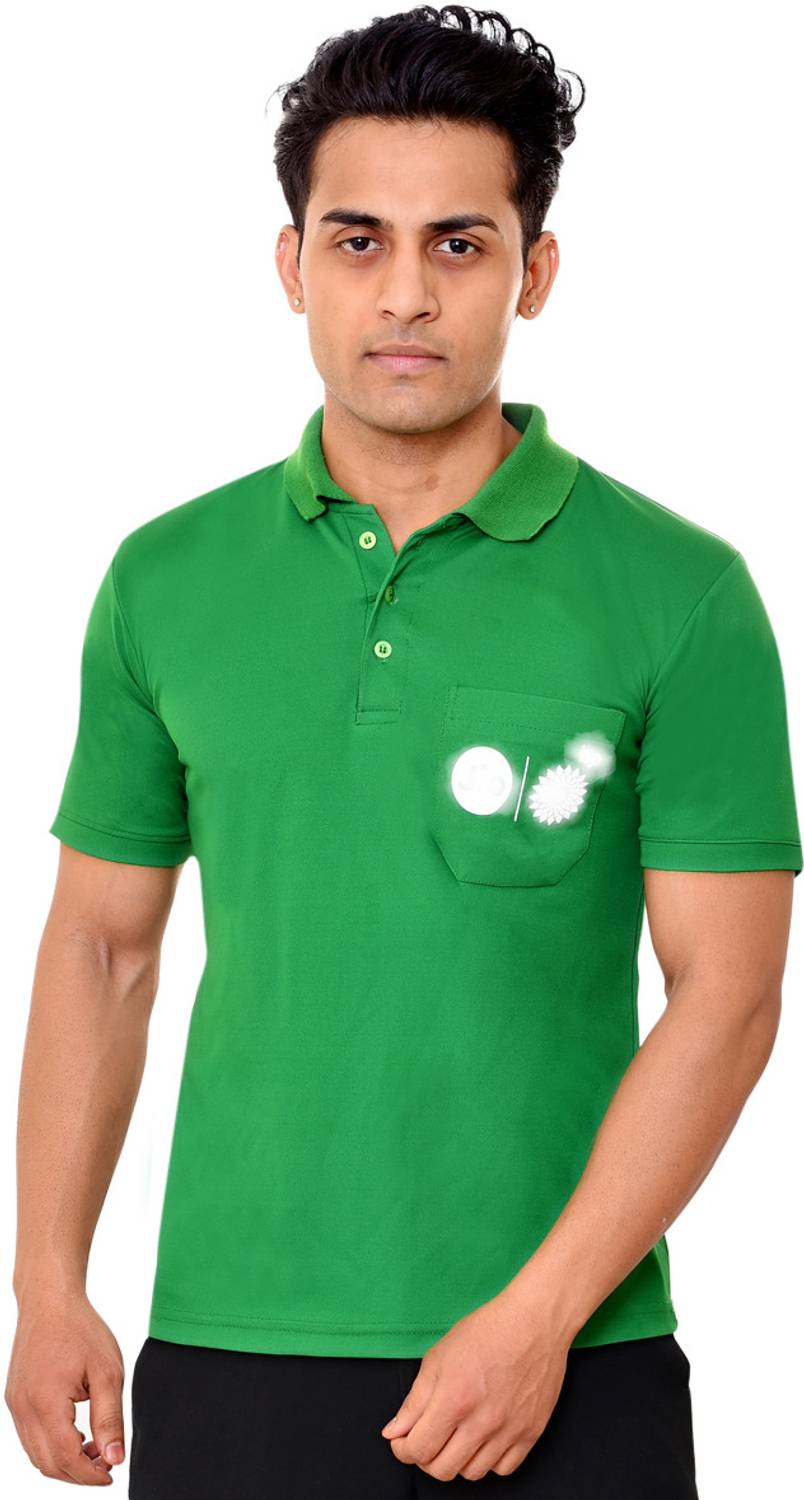 Cryostore Men Solid Polo Neck Polycotton Green T-Shirt