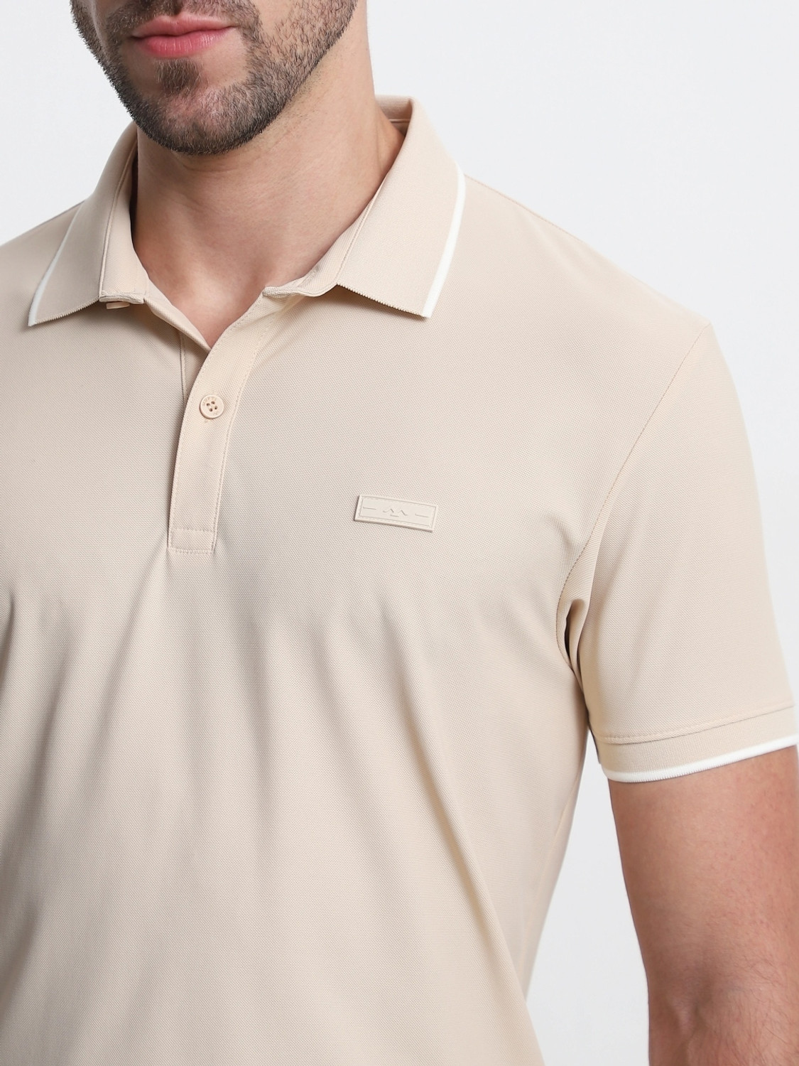 Image of MUFTI Self Design Men Polo Neck Beige T-Shirt