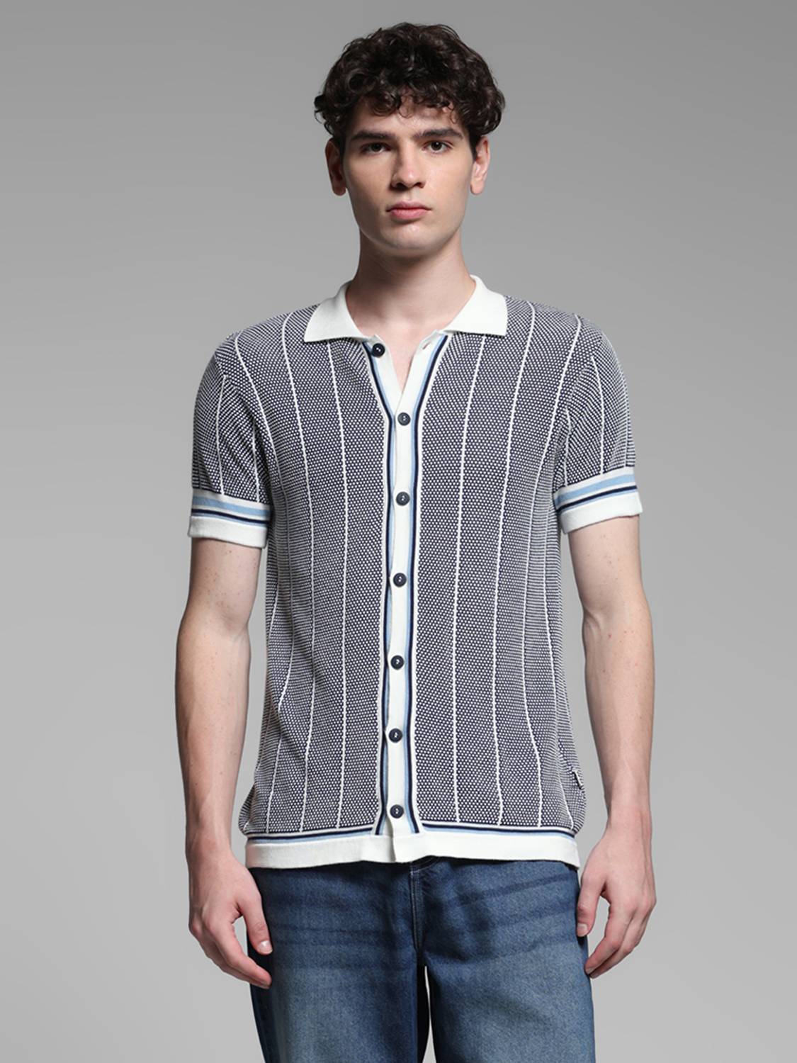 JACK & JONES Striped Grey Polo Neck T-Shirt - Image 2