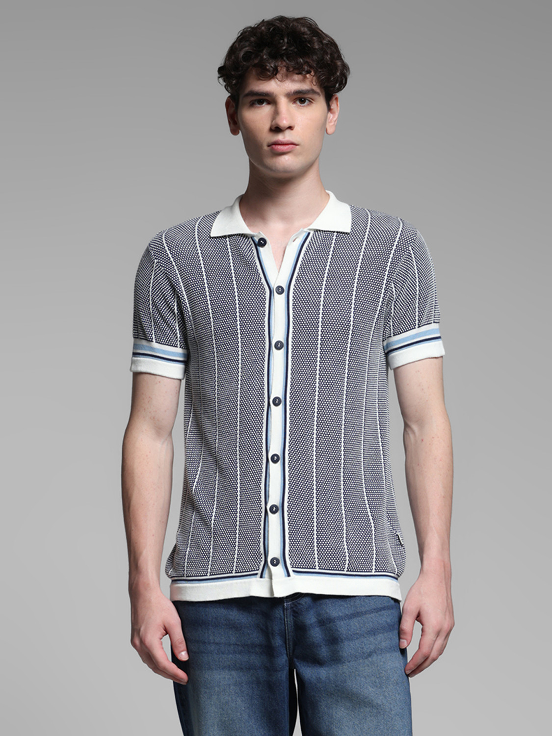 Image of JACK & JONES Striped Men Polo Neck Blue T-Shirt