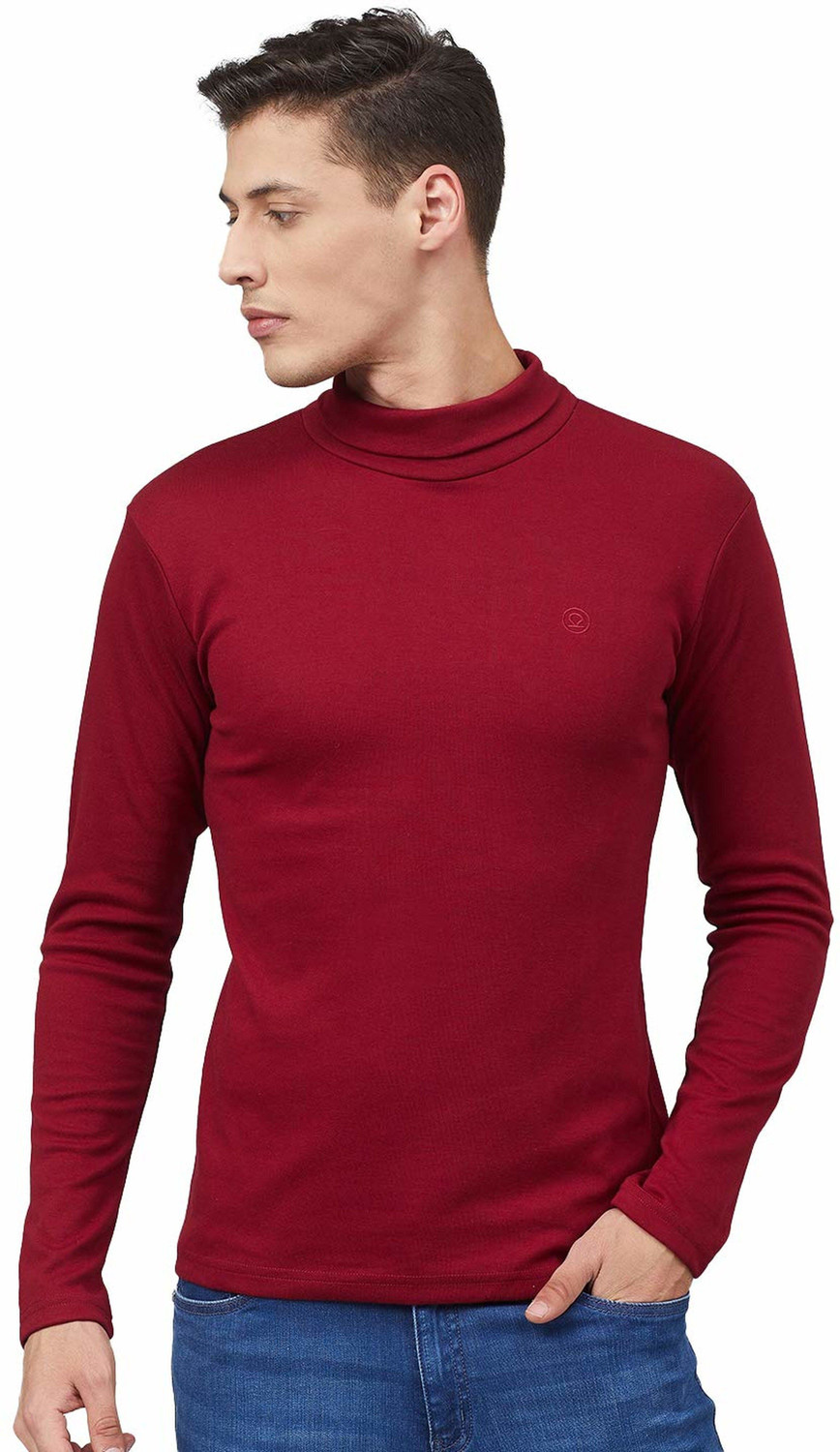 Image of CHKOKKO Solid Men High Neck Maroon T-Shirt