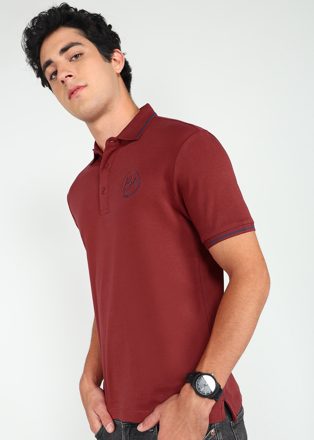 Image of BEING HUMAN Solid Men Polo Neck Maroon T-Shirt
