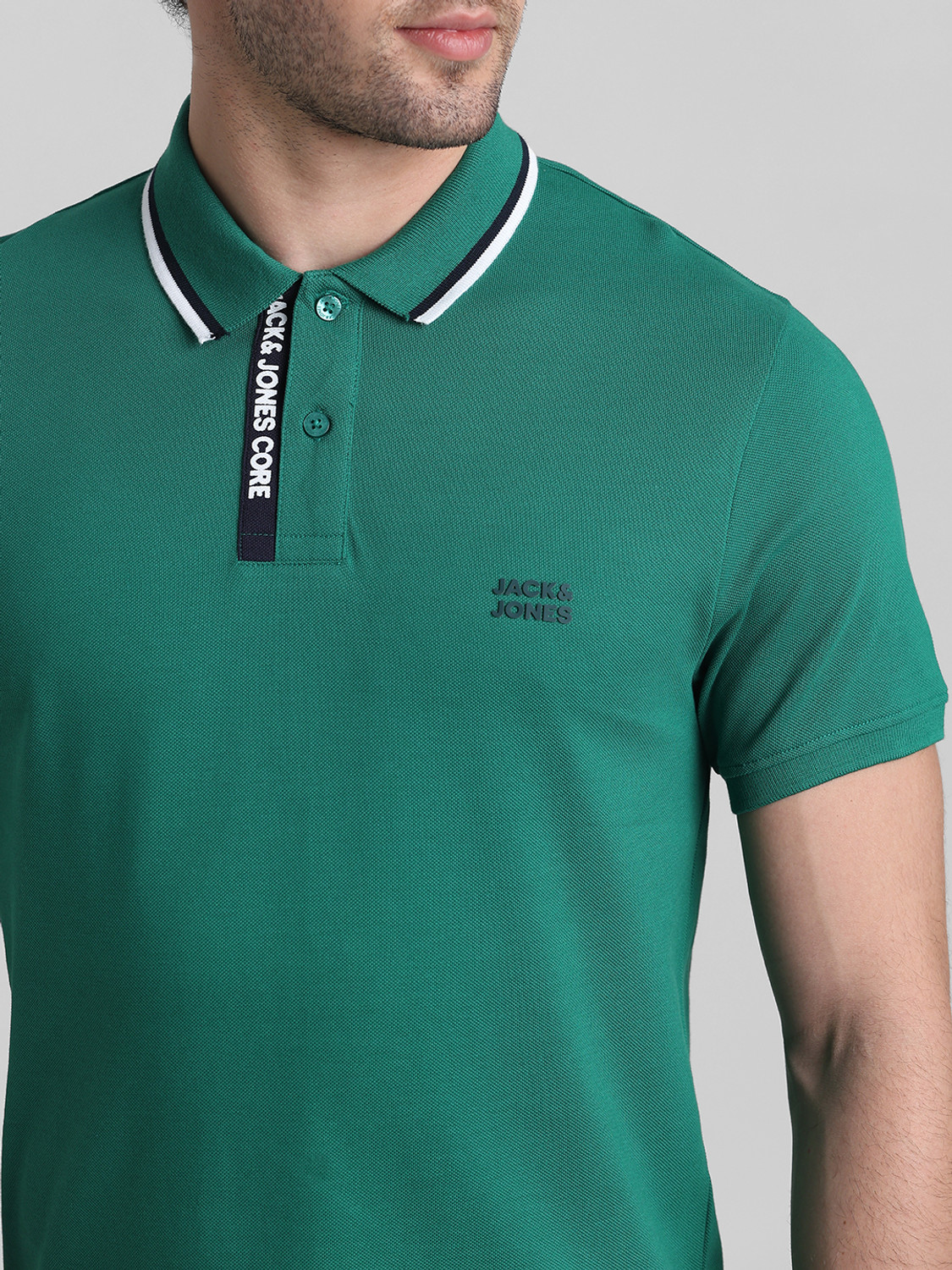 Image of JACK & JONES Solid Men Polo Neck Green T-Shirt