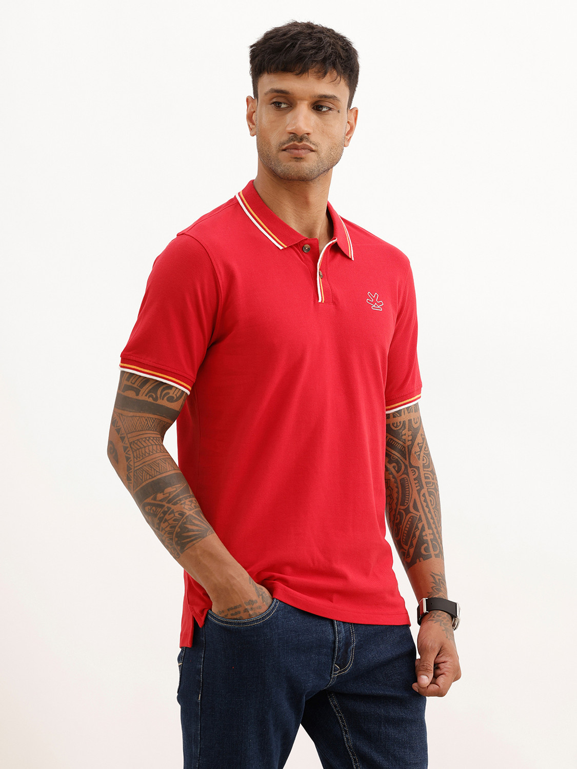 Image of WROGN Men Solid Polo Neck Pure Cotton Red T-Shirt