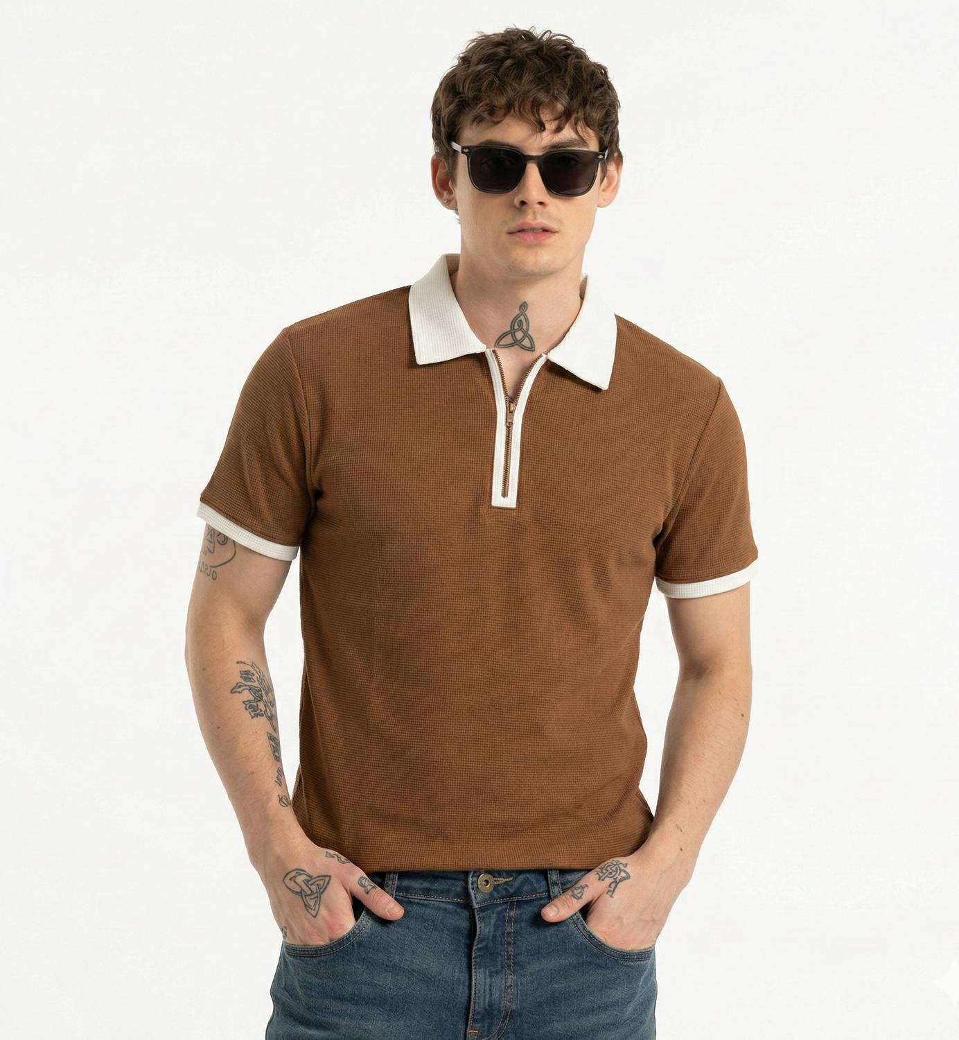 Bairagi Self Design Men Polo Neck Brown, White T-Shirt