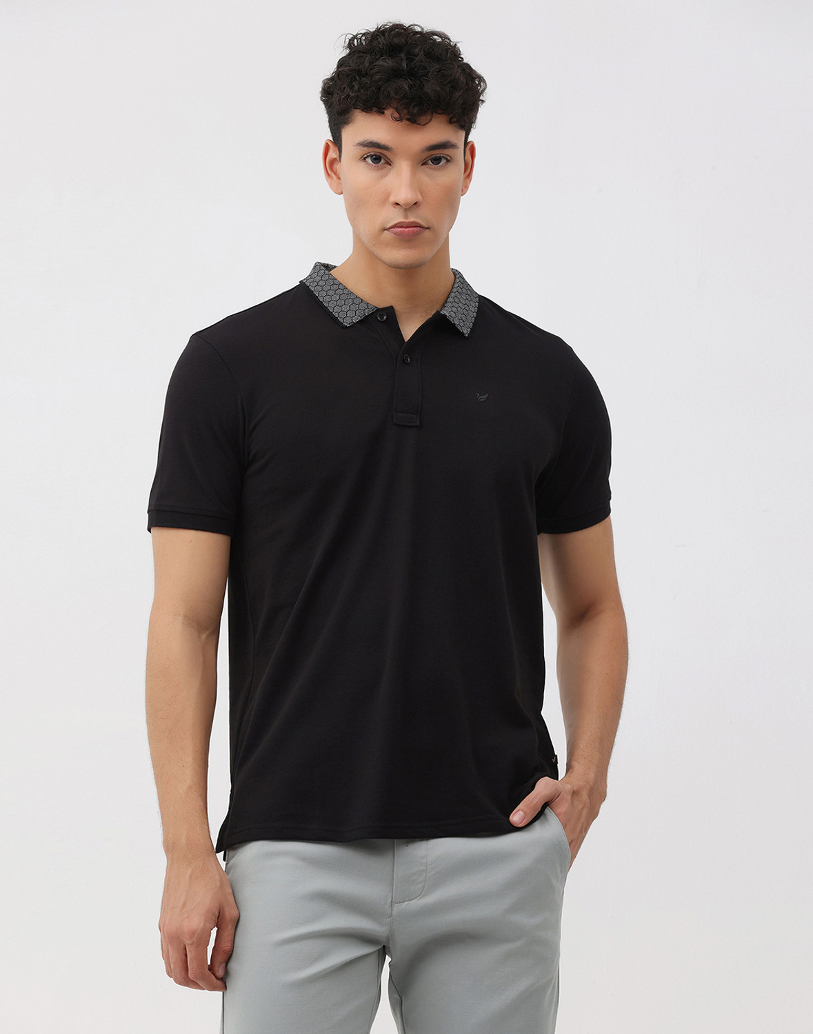 Image of Blackberrys Men Solid Polo Neck Cotton Blend Black T-Shirt