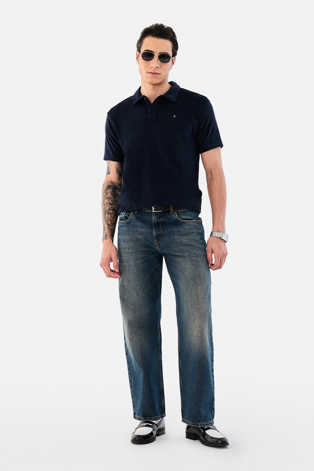 Image of Snitch Solid Men Polo Neck Navy Blue T-Shirt