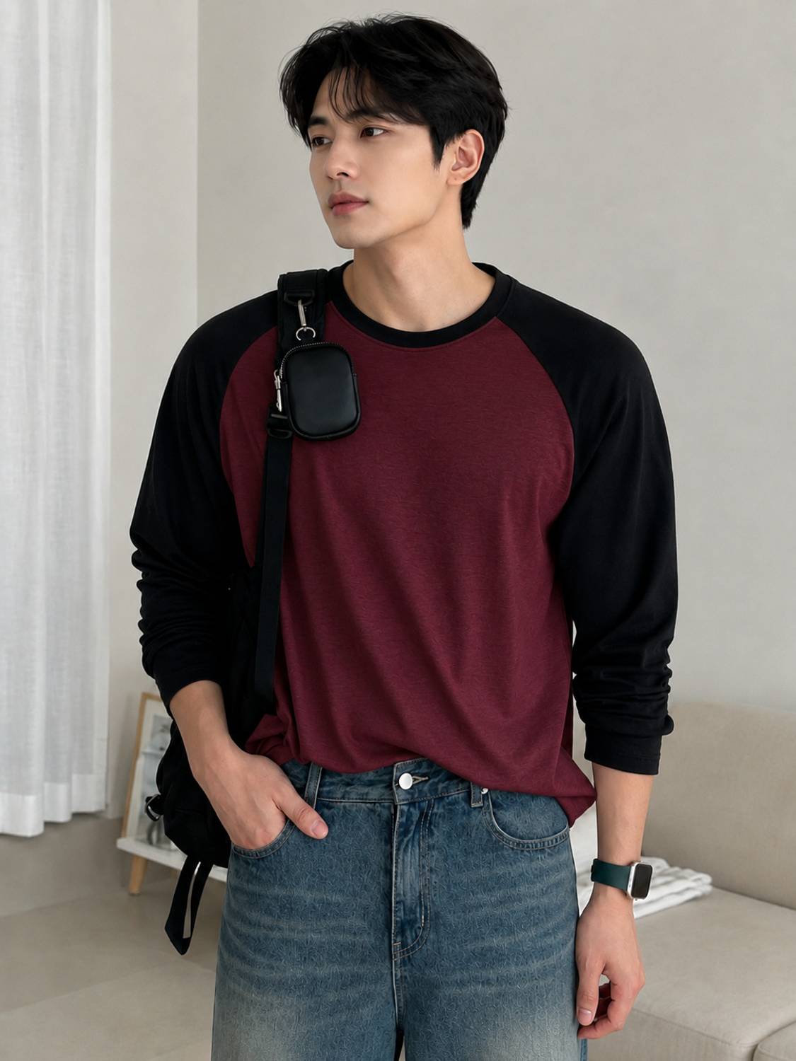 Wrodss Men Colorblock Round Neck T-Shirt (Black, Maroon)