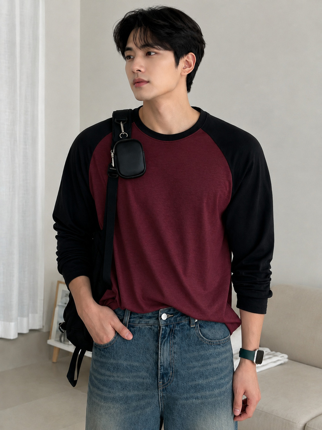 Image of Wrodss Colorblock Men Round Neck Black, Maroon T-Shirt