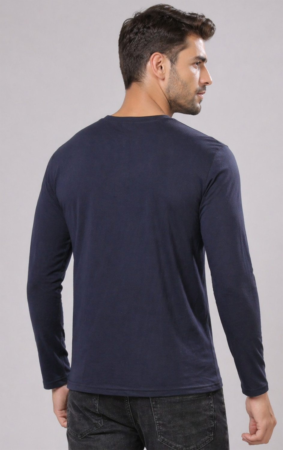 Image of Creation By London Hills Solid Men Henley Neck Navy Blue, Grey T-Shirt