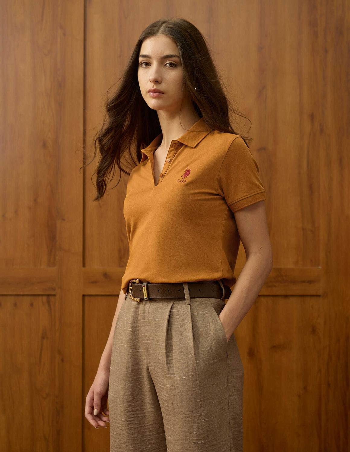 U.S. POLO ASSN. Women Orange Polo Neck T-Shirt - Image 4