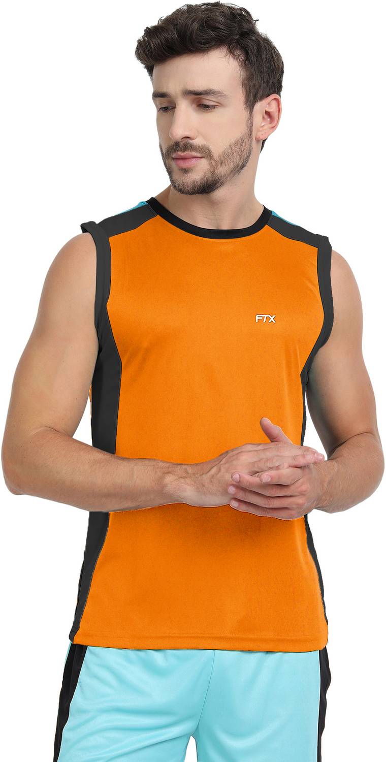 FTX Men Colorblock Round Neck Polyester Orange T-Shirt