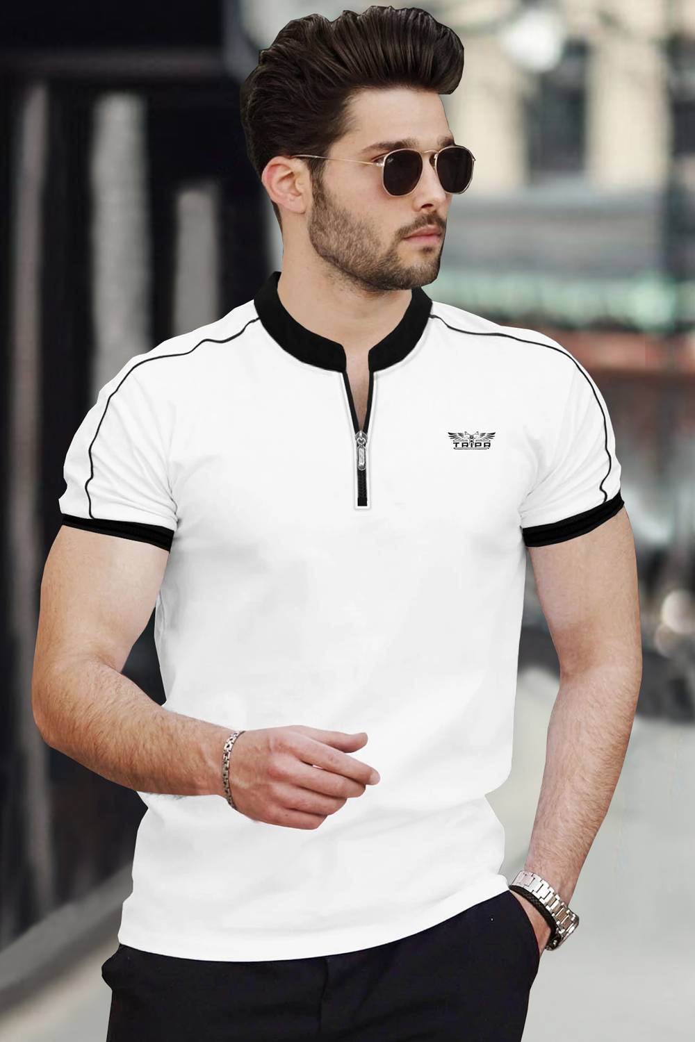 TRIPR Men Typography Mandarin Collar Cotton Blend White, Black T-