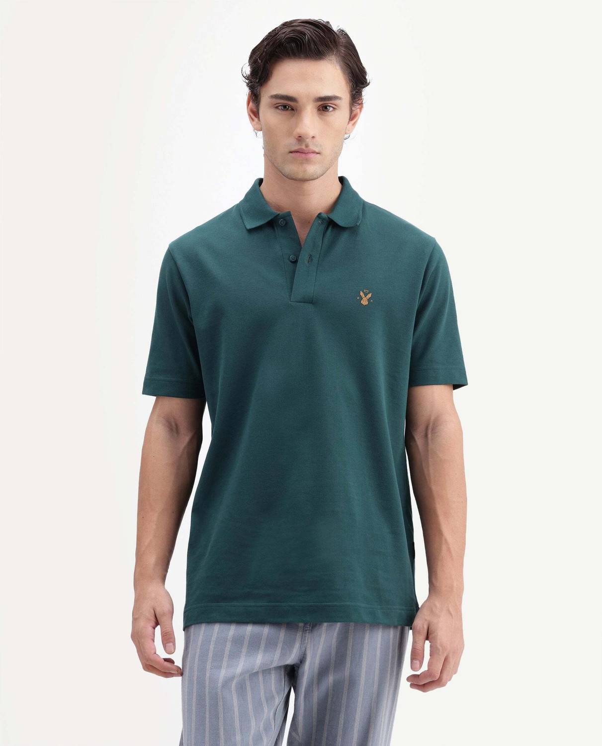 Image of RARE RABBIT Solid Men Polo Neck Green T-Shirt