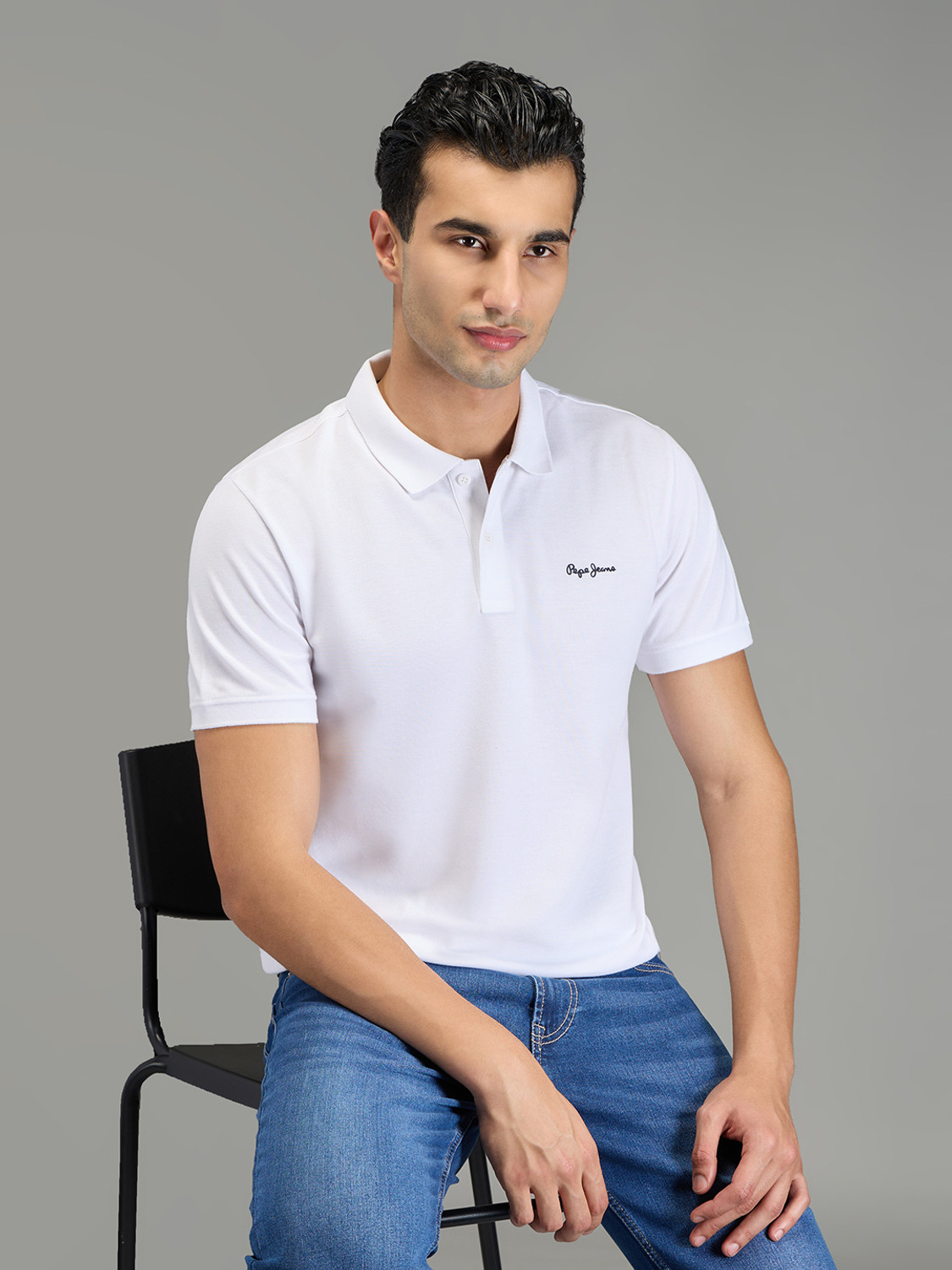 Image of Pepe Jeans Solid Men Polo Neck White T-Shirt