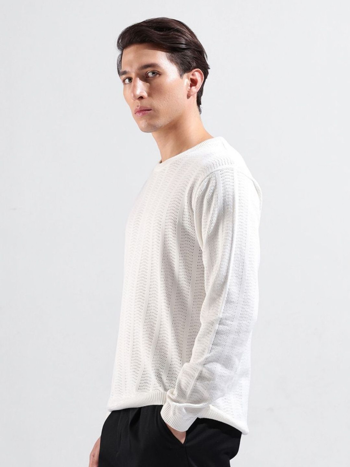 Image of The Indian Garage Co. Men Self Design Crew Neck Pure Cotton White T-Shirt