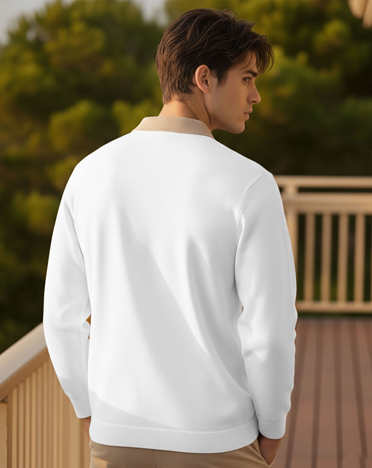 Image of AUSK Colorblock Men Zip Neck White, Dark Blue T-Shirt