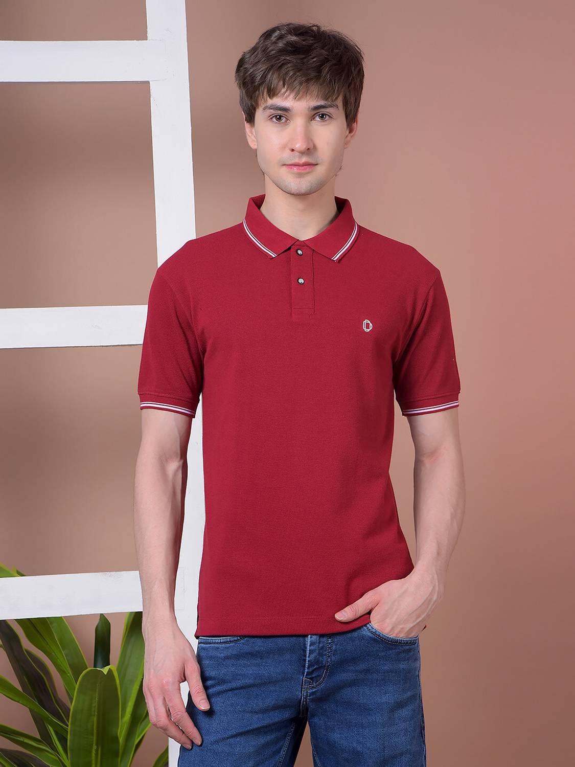 Dollar Men Solid Polo Neck Pure Cotton Maroon T-Shirt