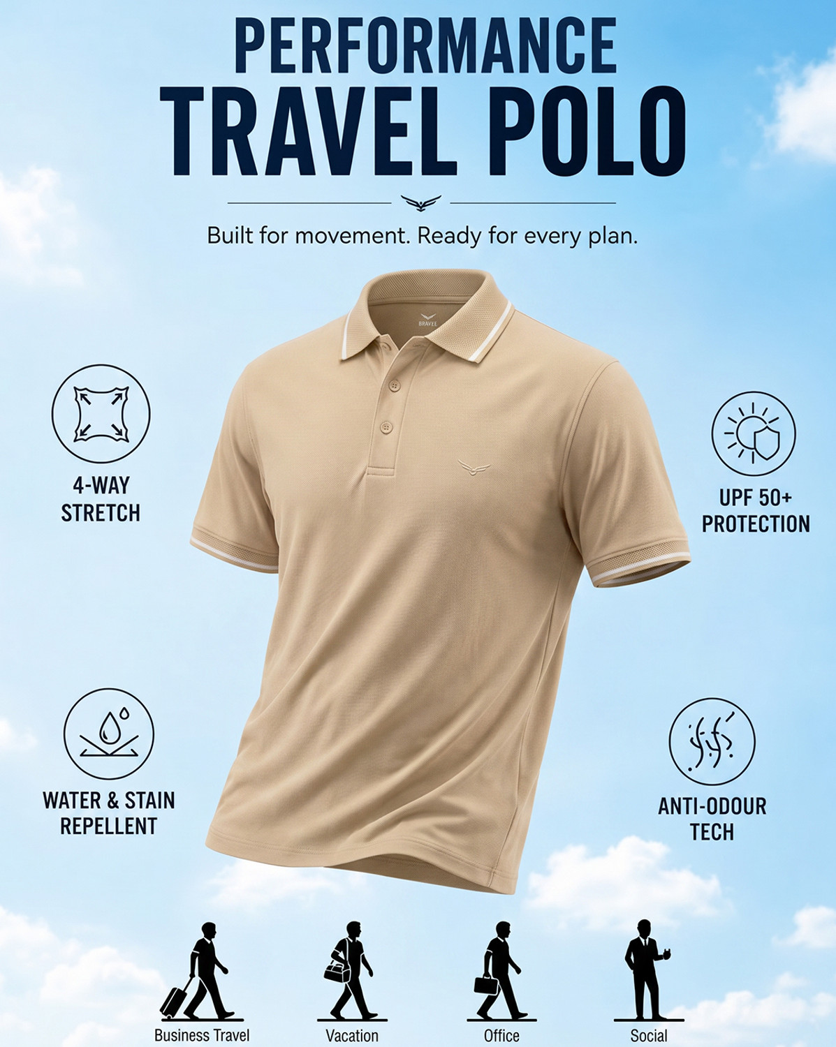 Image of NOBERO Solid Men Polo Neck Beige T-Shirt