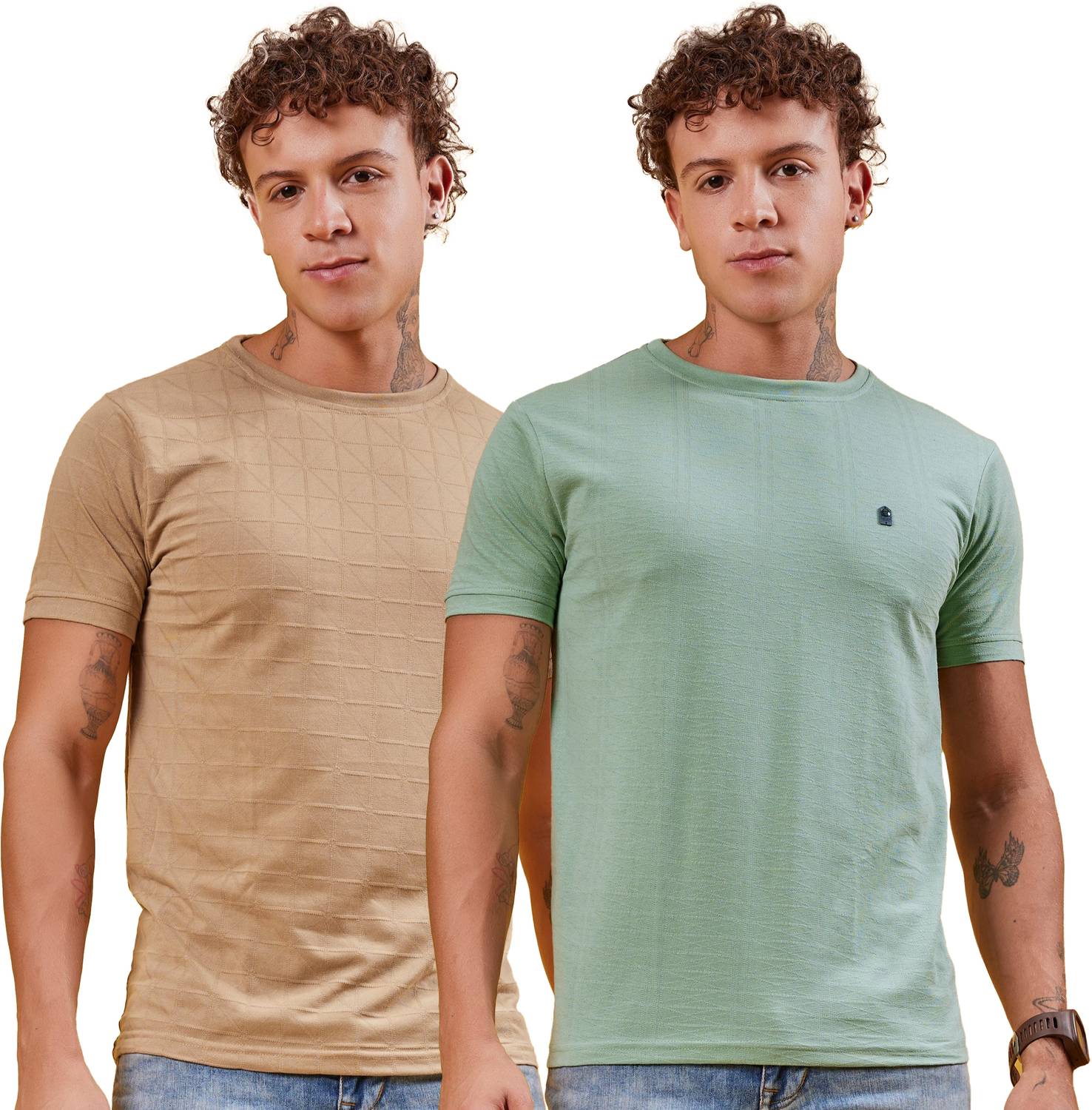 3BROS Solid Men Round Neck Green, Brown T-Shirt