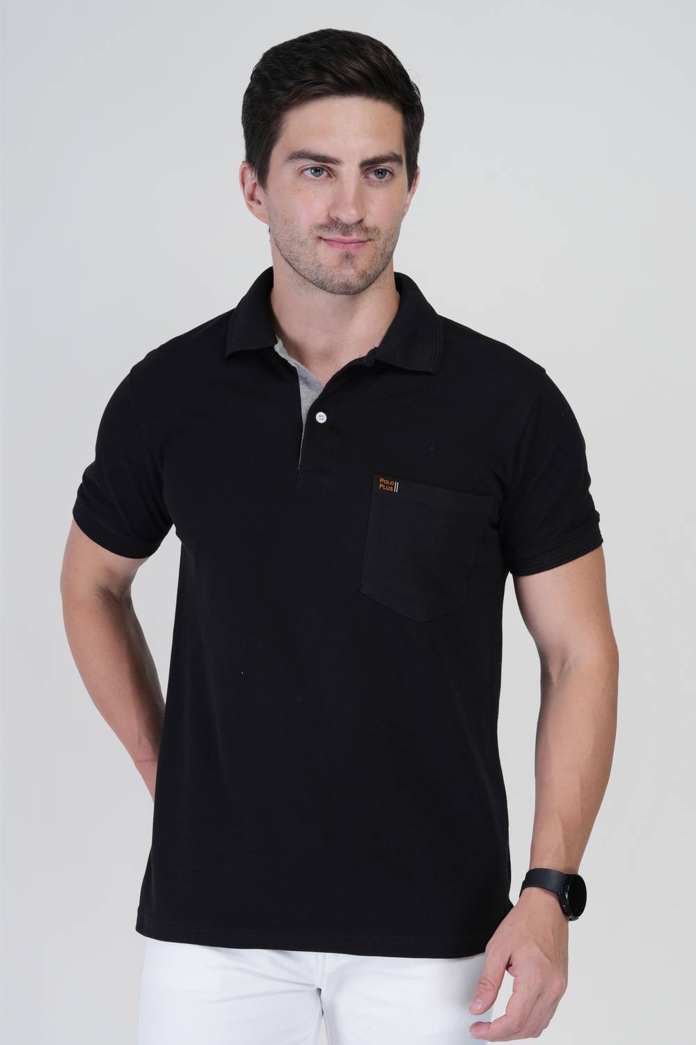 Polo Plus Men Solid Polo Neck Pure Cotton Black T-Shirt