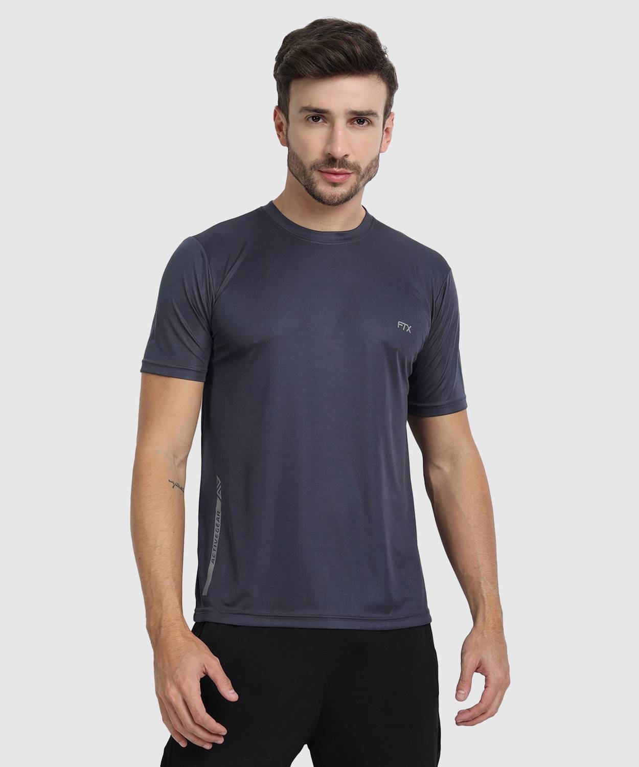 FTX Men Solid Round Neck Polyester Grey T-Shirt