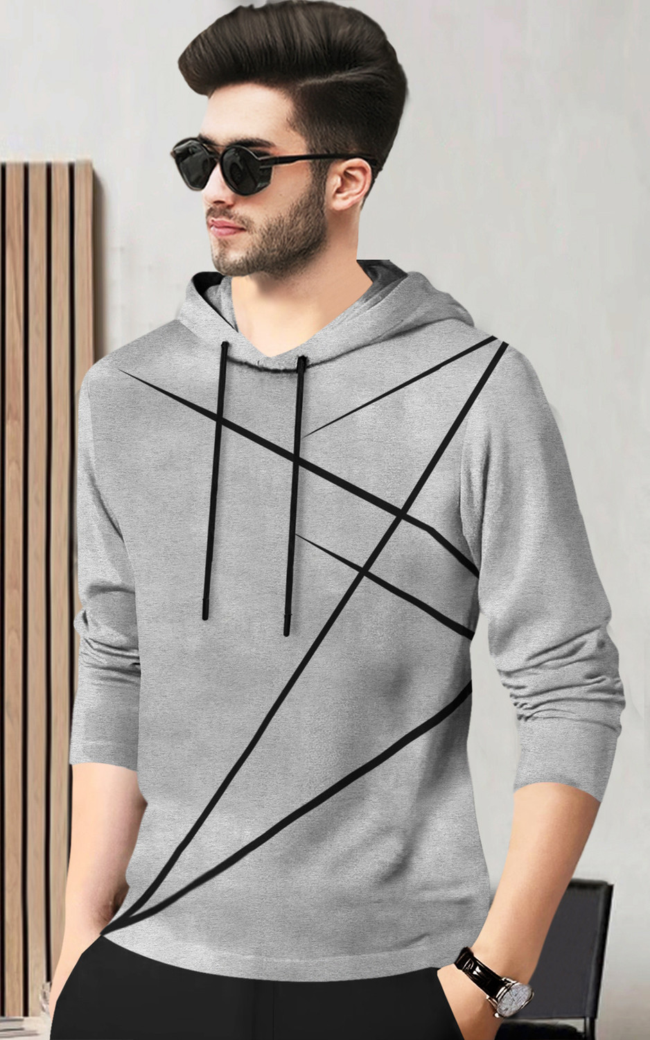 Image of BLIVE Printed Men Hooded Neck Grey T-Shirt