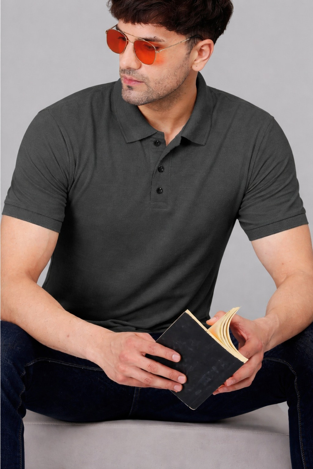 Image of LOOP STITCH Solid Men Polo Neck Grey T-Shirt