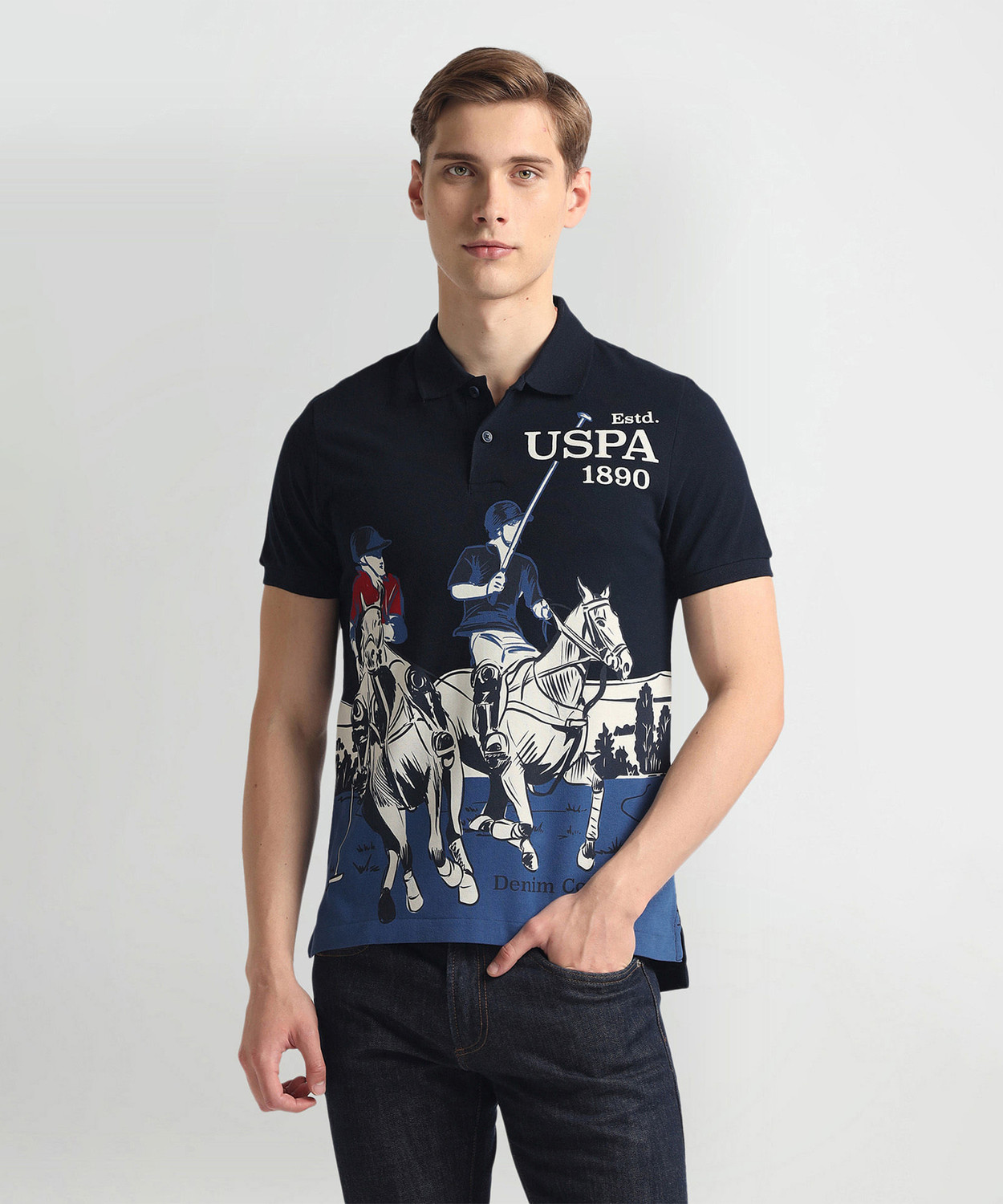 Image of U.S. POLO ASSN. Printed Men Polo Neck Blue T-Shirt