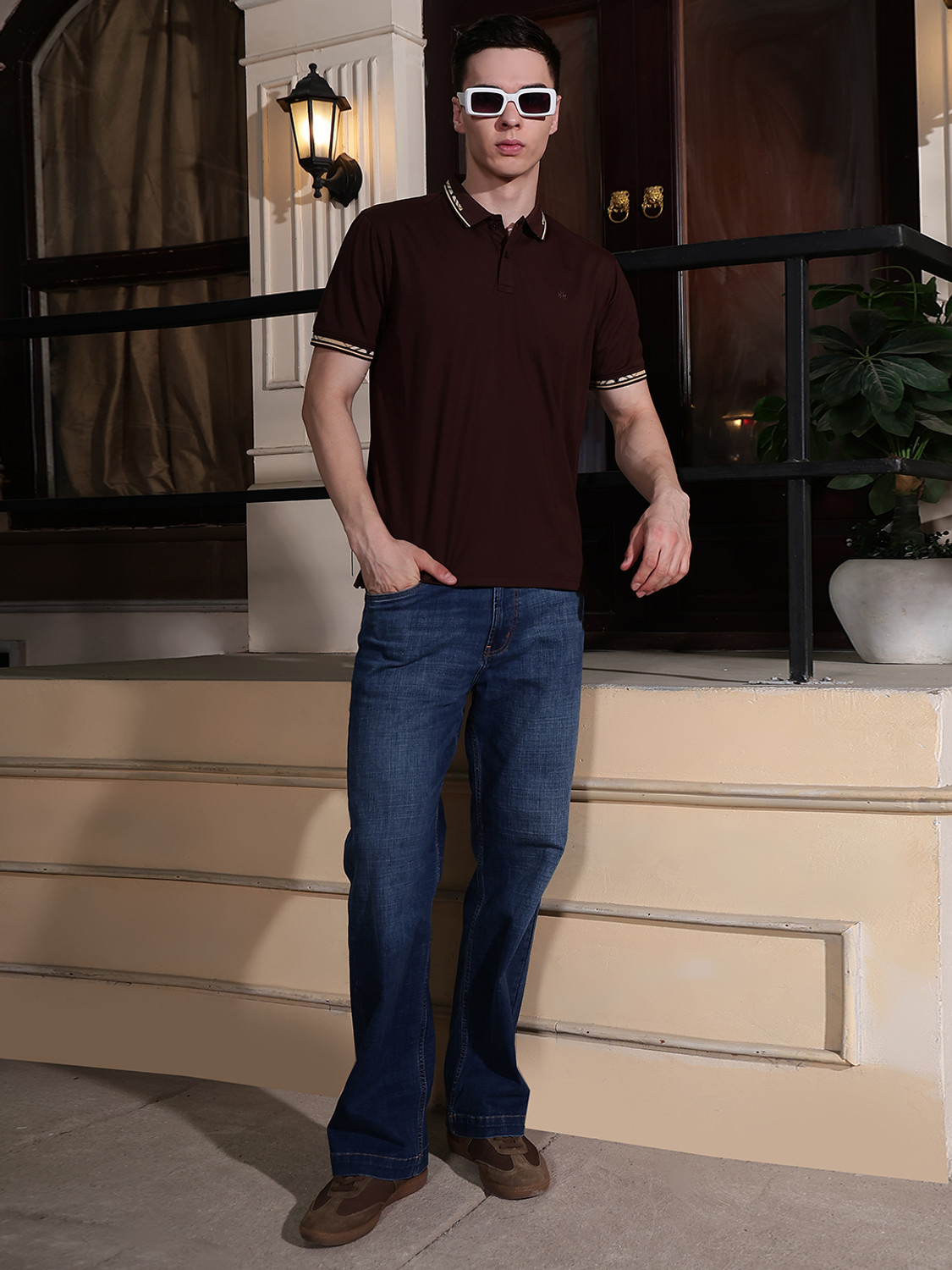 Image of CRIMSOUNE CLUB Solid Men Polo Neck Brown T-Shirt