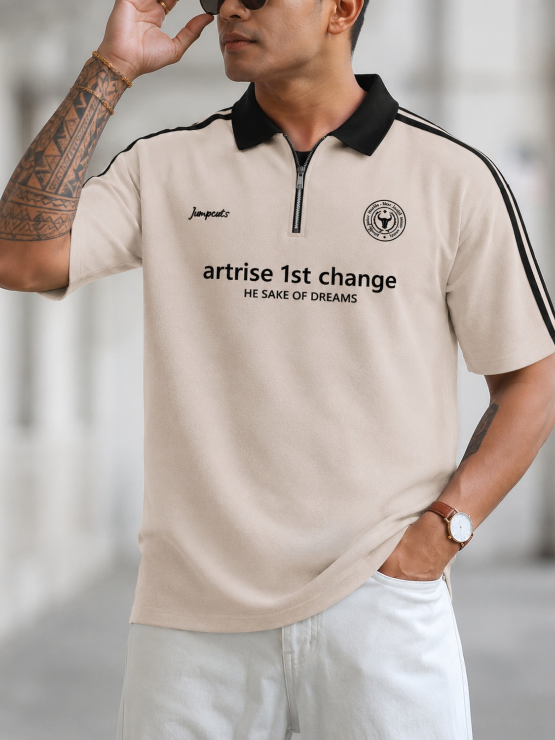 Image of Jump Cuts Printed Men Zip Neck Beige T-Shirt