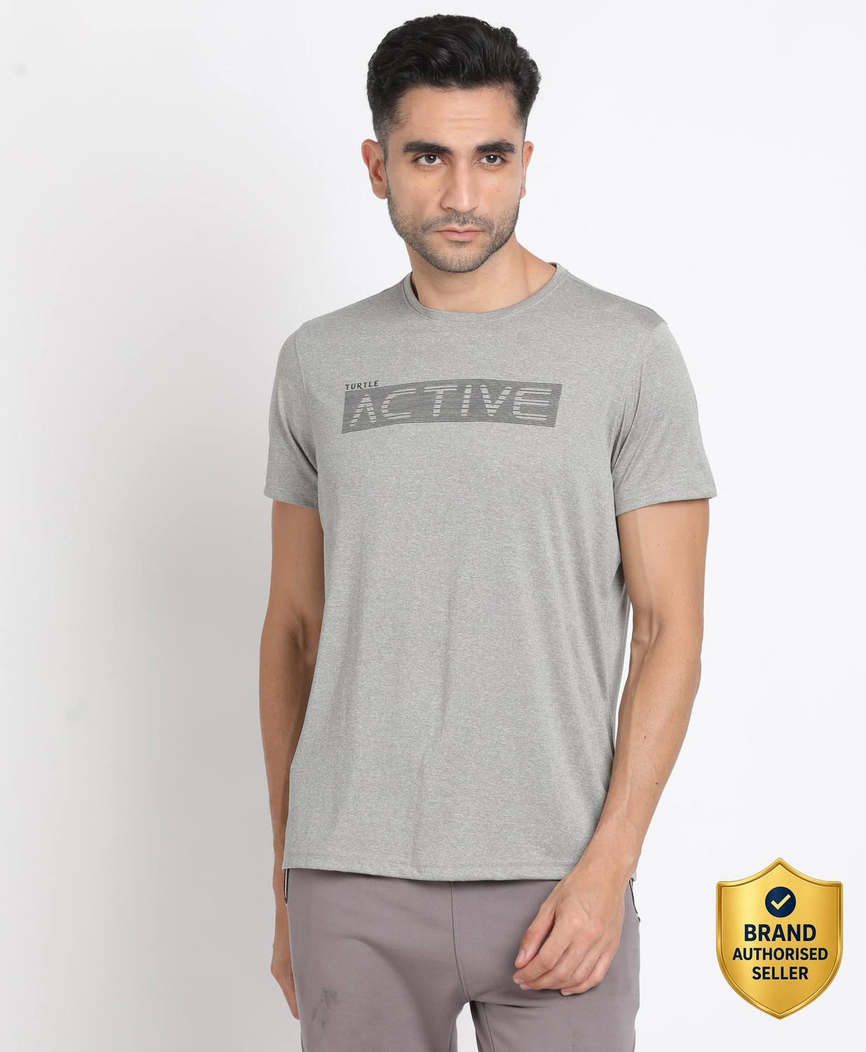 Image of TURTLE Printed Men Crew Neck Grey T-Shirt