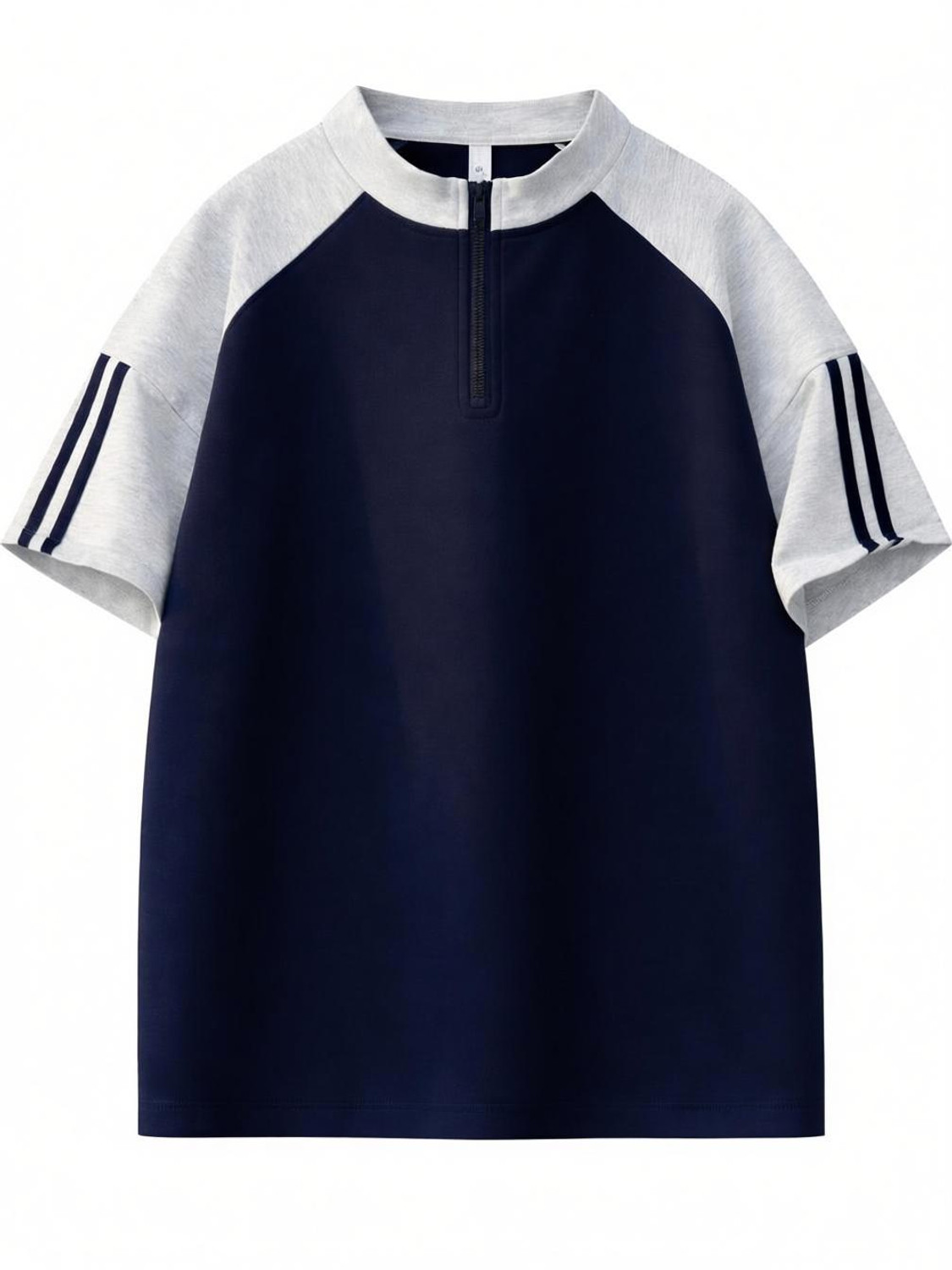 Image of JERKYN Colorblock, Striped Men Mandarin Collar Dark Blue T-Shirt