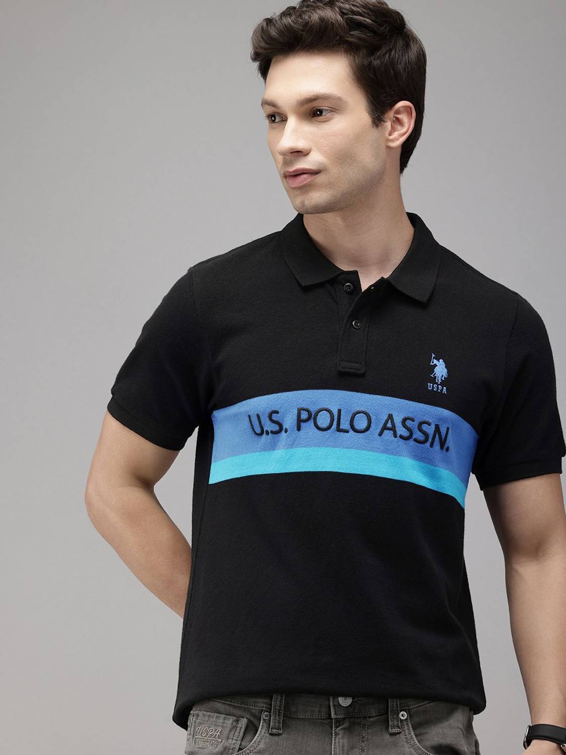 U.S. POLO ASSN. Men Solid Polo Neck Pure Cotton Black T-Shirt